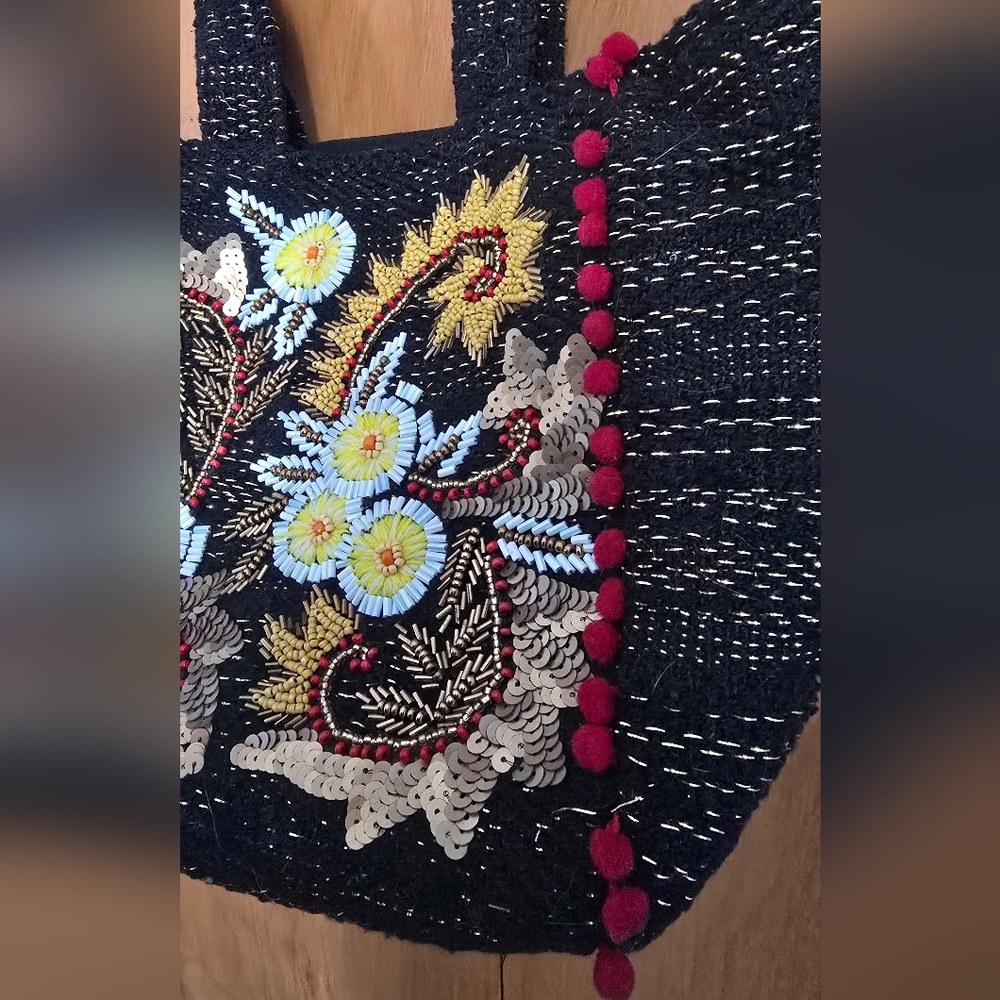America & Beyond Boho Black Floral Embroidered Beaded Mini Tote Bag - Picture 4 of 10